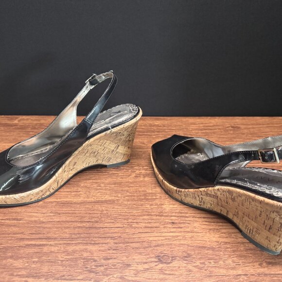 Rampage Black Patent “Brigid” Slingback Cork Wedge Heels Size 8.5 - Picture 2 of 6